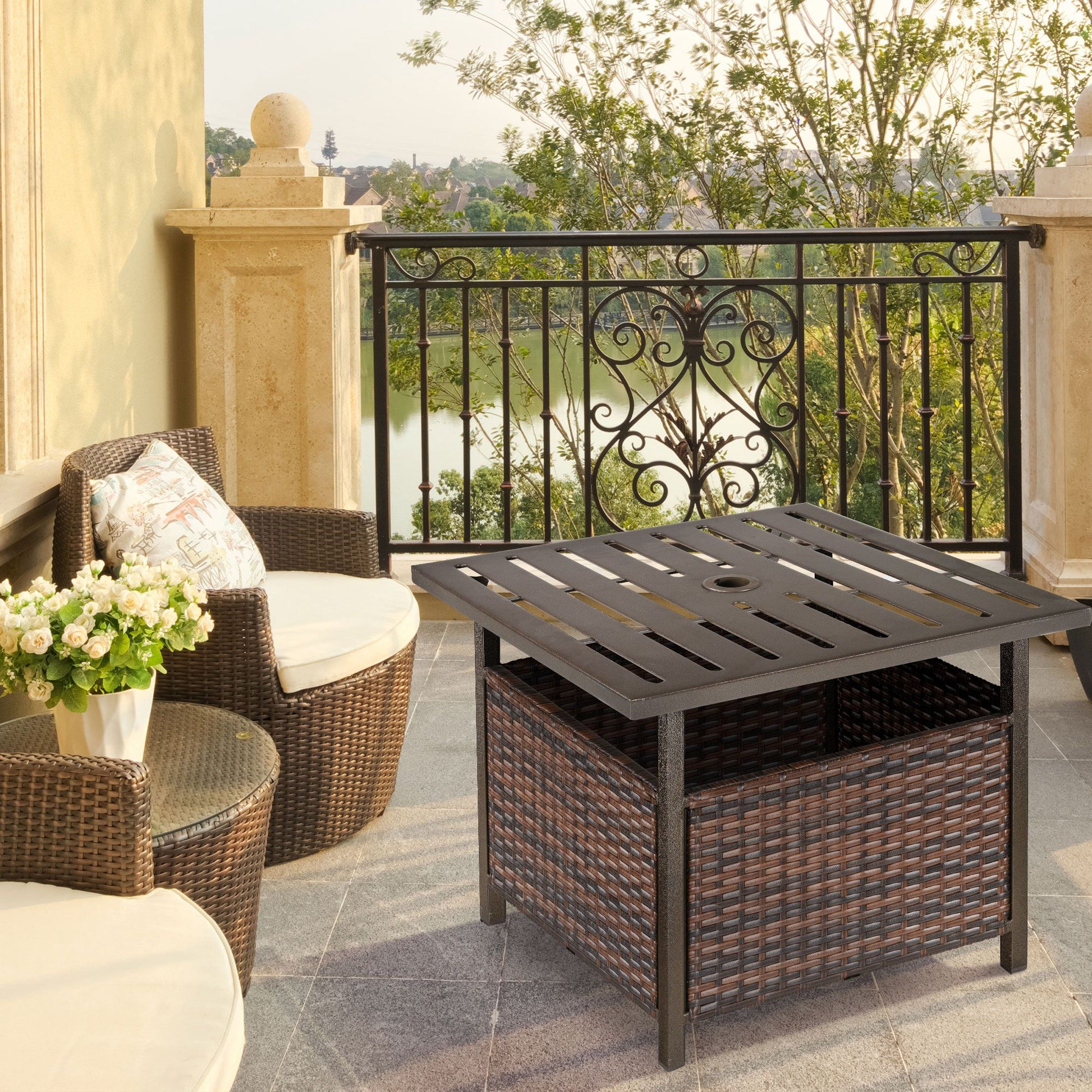 Outsunny Mesa De Comedor Exterior De Ratán Orificio Para Parasol 55,5x55,5x46cm_1