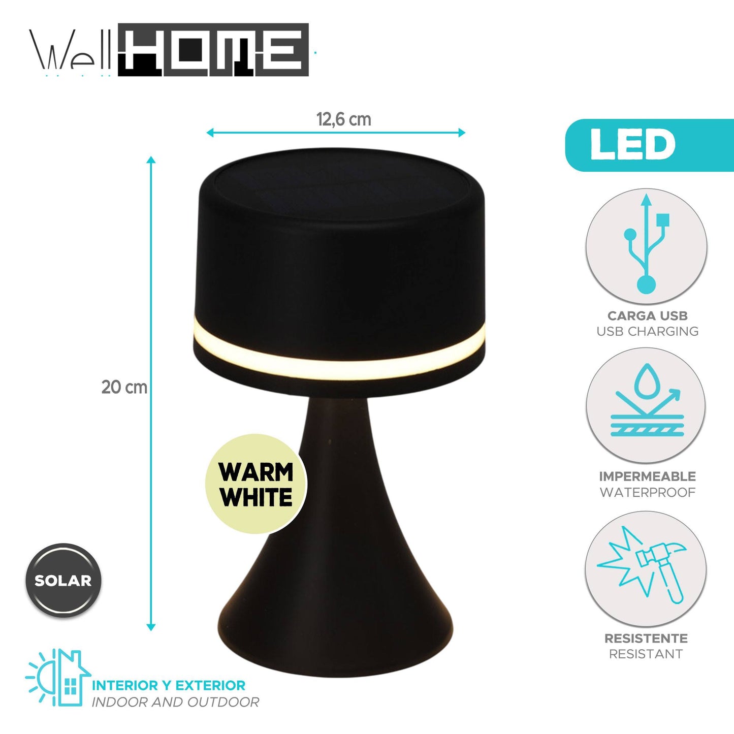 Lámpara Solar De Mesa Negra Recargable Con Panel Solar Y Usb - Well Home_1