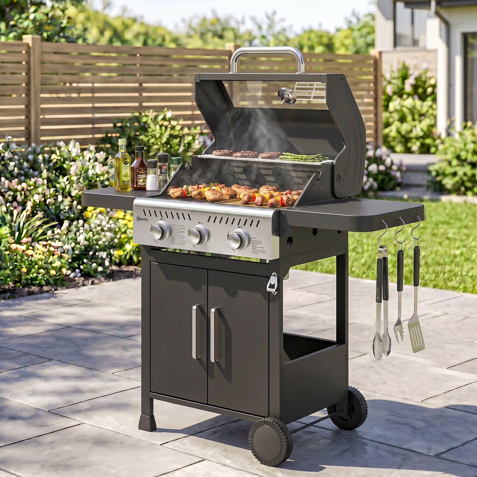 Outsunny Barbacoa De Gas Con 3 Quemadores 7,5 Kw Termómetro Mesas Laterales_4