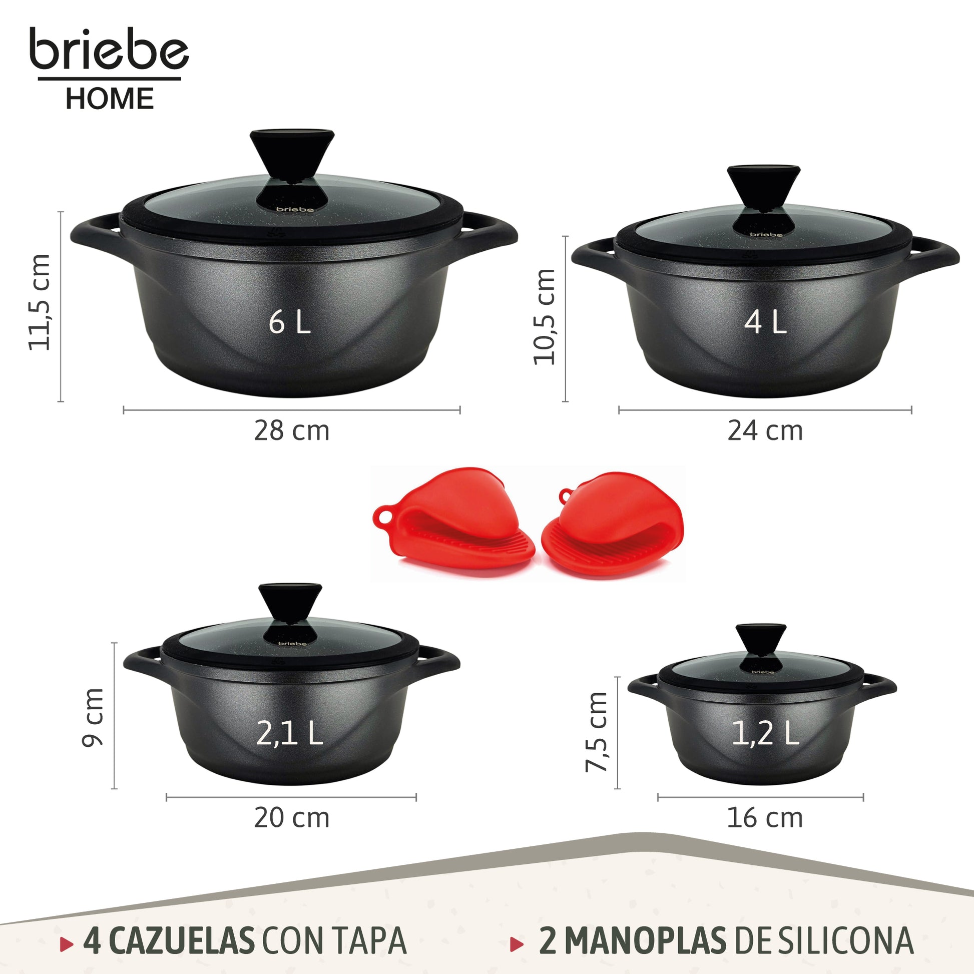Briebe Batería De Cocina Inducción 8 Piezas Aluminio Fundido 4 Ollas Con Tapa De Cristal Antiadherente, Mgk12s, Negro_2