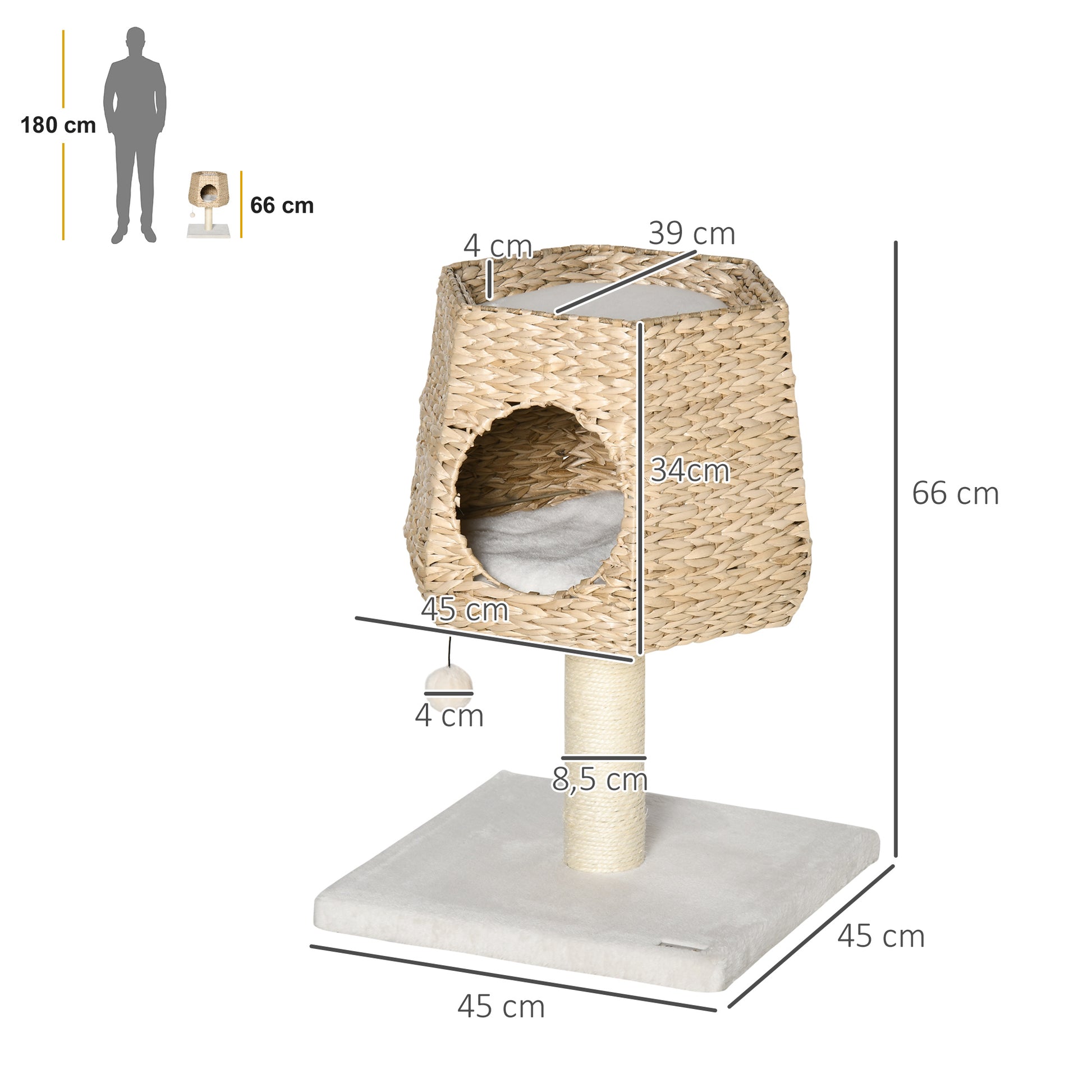 Pawhut Árbol Rascador Para Gatos Pequeño 66cm Con Cueva De Juncos Cama Y Cojines_2
