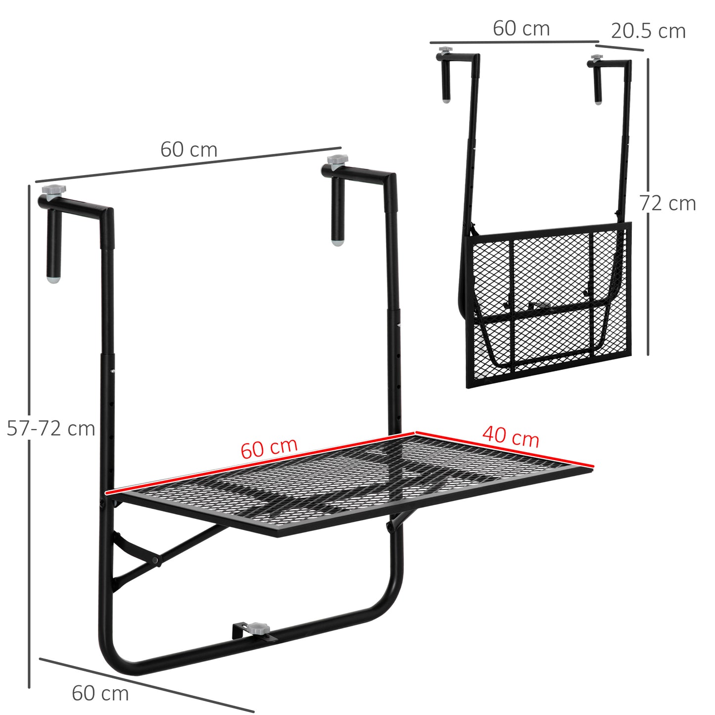 Outsunny Mesa Colgante De Balcón Plegable De Metal 60x60x57-72 Cm Negro_2