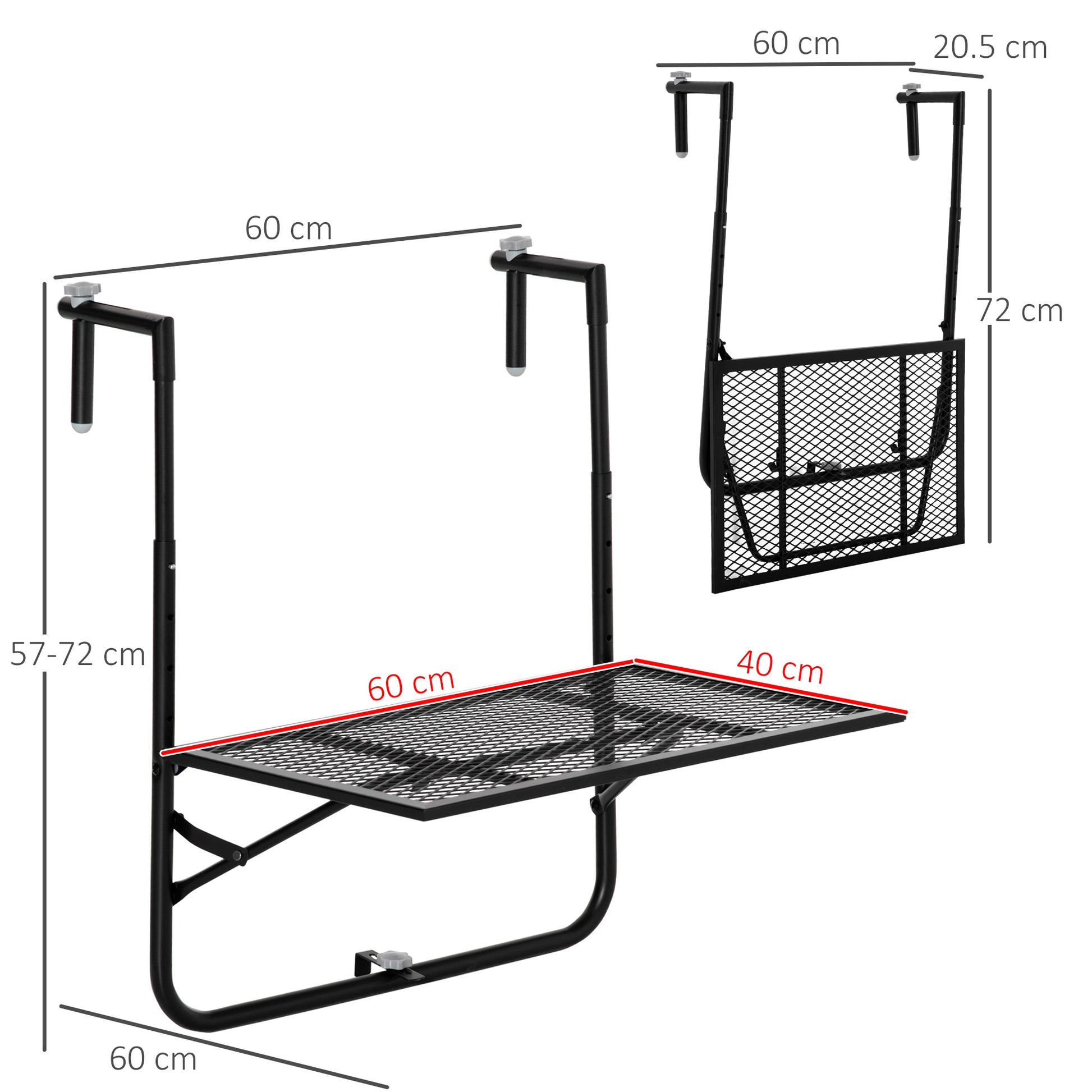 Outsunny Mesa Colgante De Balcón Plegable De Metal 60x60x57-72 Cm Negro_2