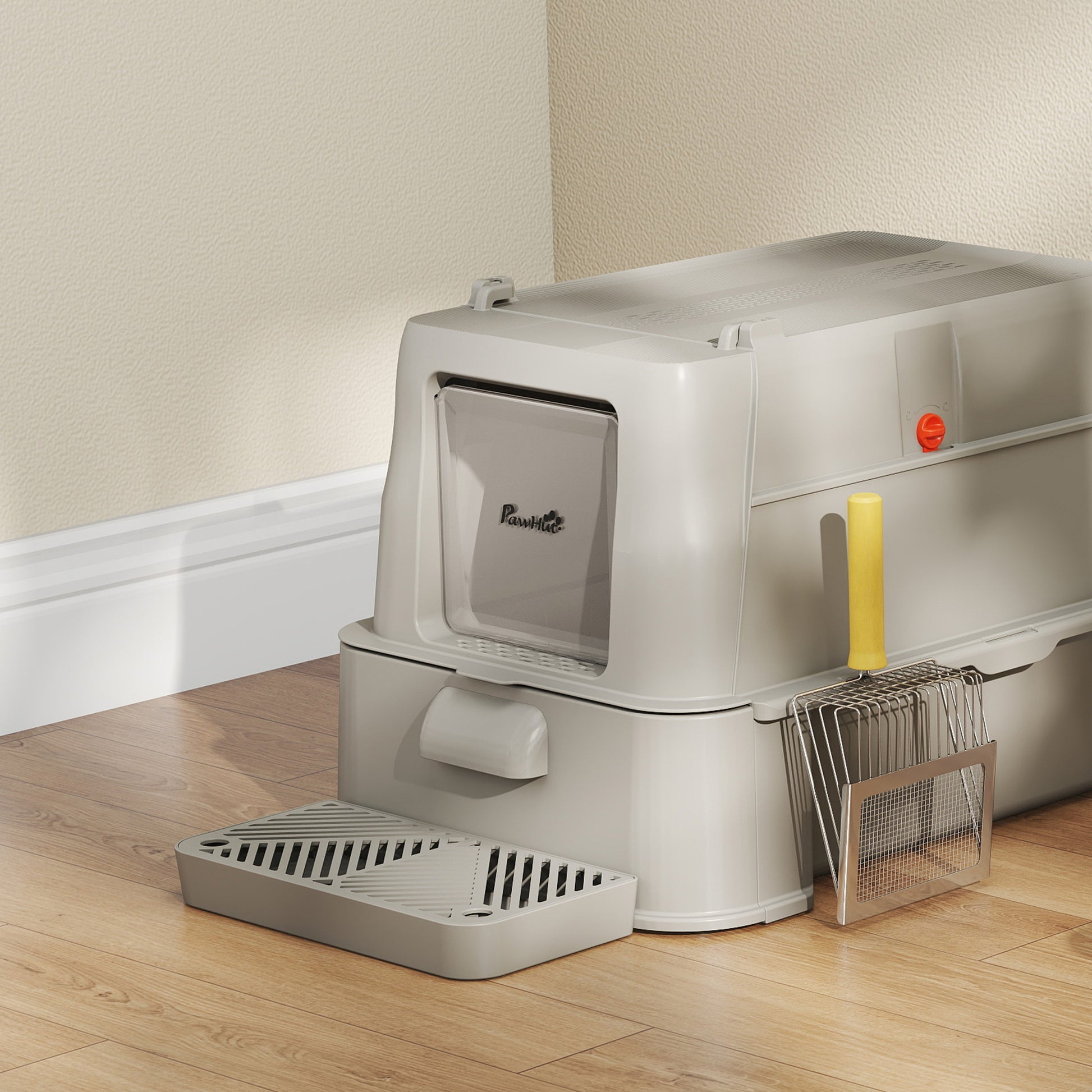 Pawhut Arenero Para Gatos De Acero Inoxidable Xl Con Tapa Abatible 180° Gris_3