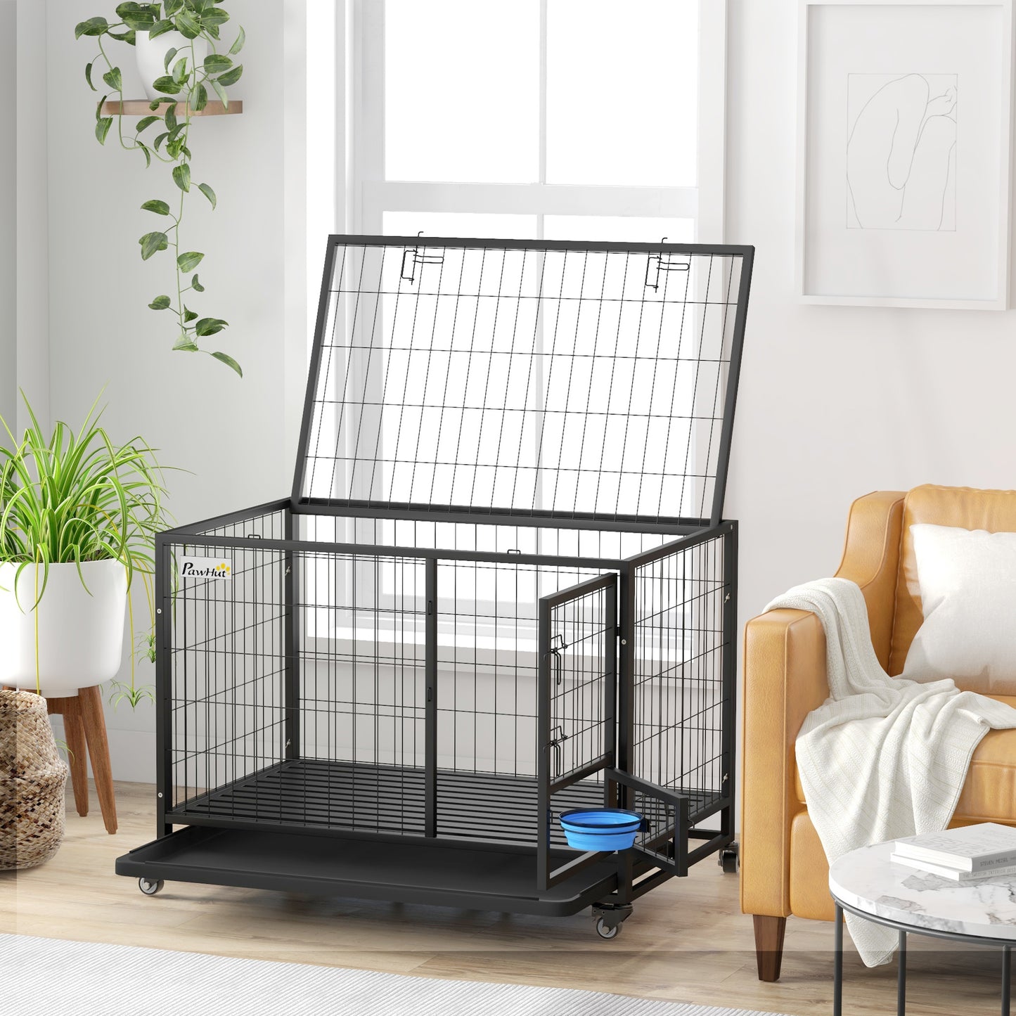 Pawhut Jaula Para Perros Grandes Con Soporte De Cuenco Y Puerta Doble Negro_1