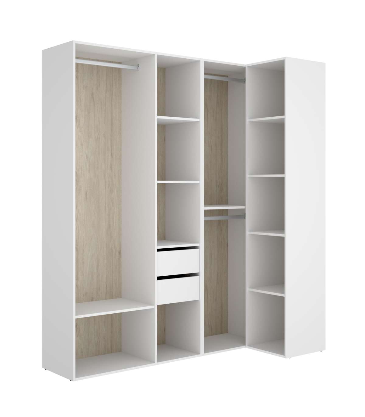 Vestidor De Rincón Reus Con Estantes, 2 Cajones Y Trasera Reversible En Blanco/natural, 2_0