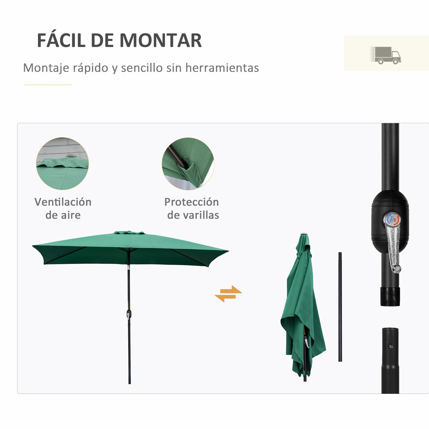 Outsunny Sombrilla Jardín Aluminio 2x3x2,5 M Inclinable Con Manivela Verde_5