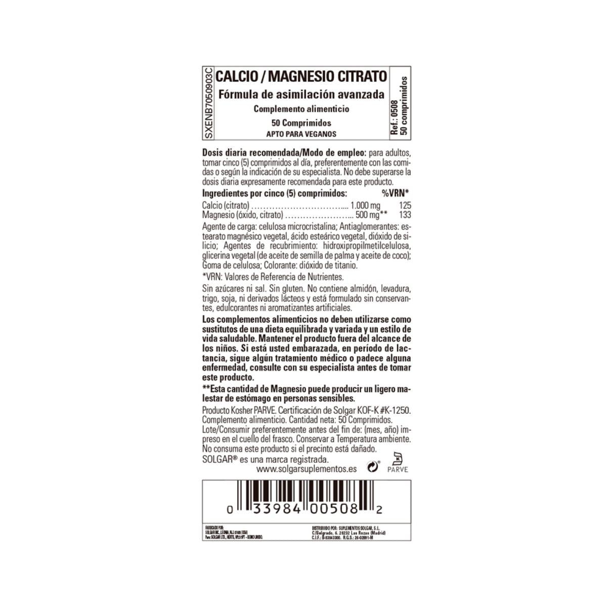 Calcio Magnesio Citrato Solgar 100 comprimidos