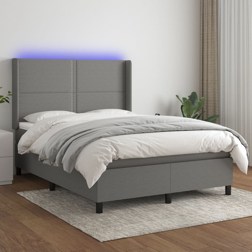 Cama Box Spring Colchón Y Luces Led Tela Gris Oscuro 140x200 Cm / Vetonek_4