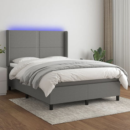 Cama Box Spring Colchón Y Luces Led Tela Gris Oscuro 140x200 Cm / Vetonek_4