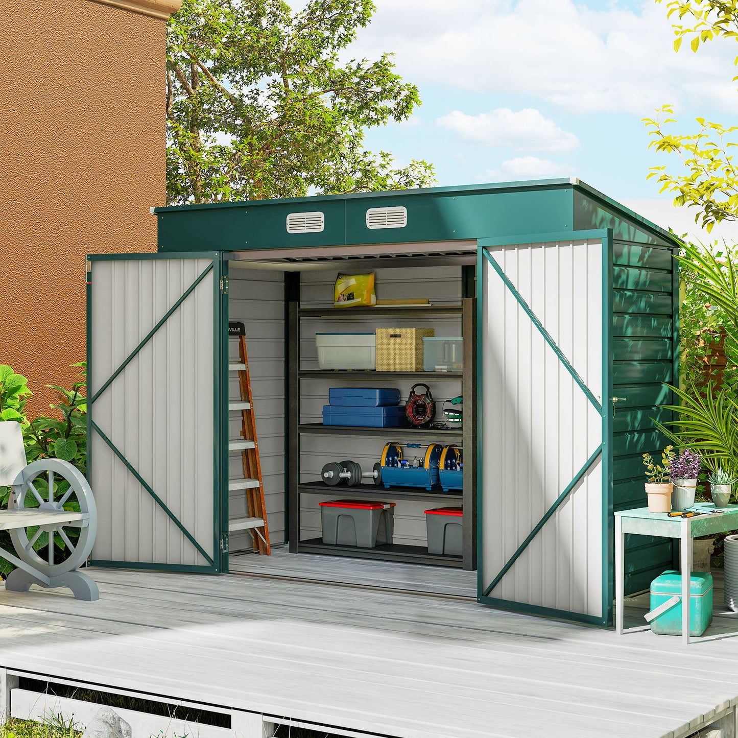 Outsunny Caseta De Jardín Exterior 2,7m² 249x121x183 Cm Con Doble Puerta Verde_1