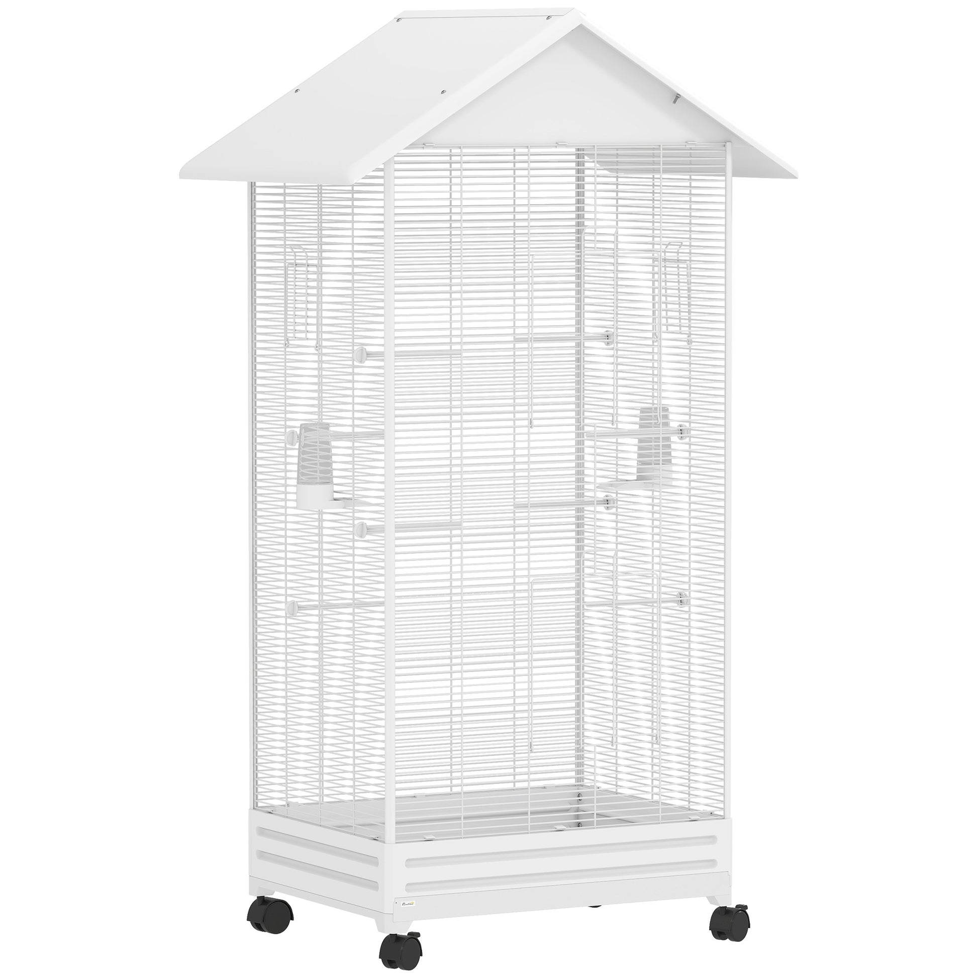 Pawhut Jaula Para Pájaros Con Ruedas 79x65x155 Cm 2 Comederos 8 Perchas Blanco_0