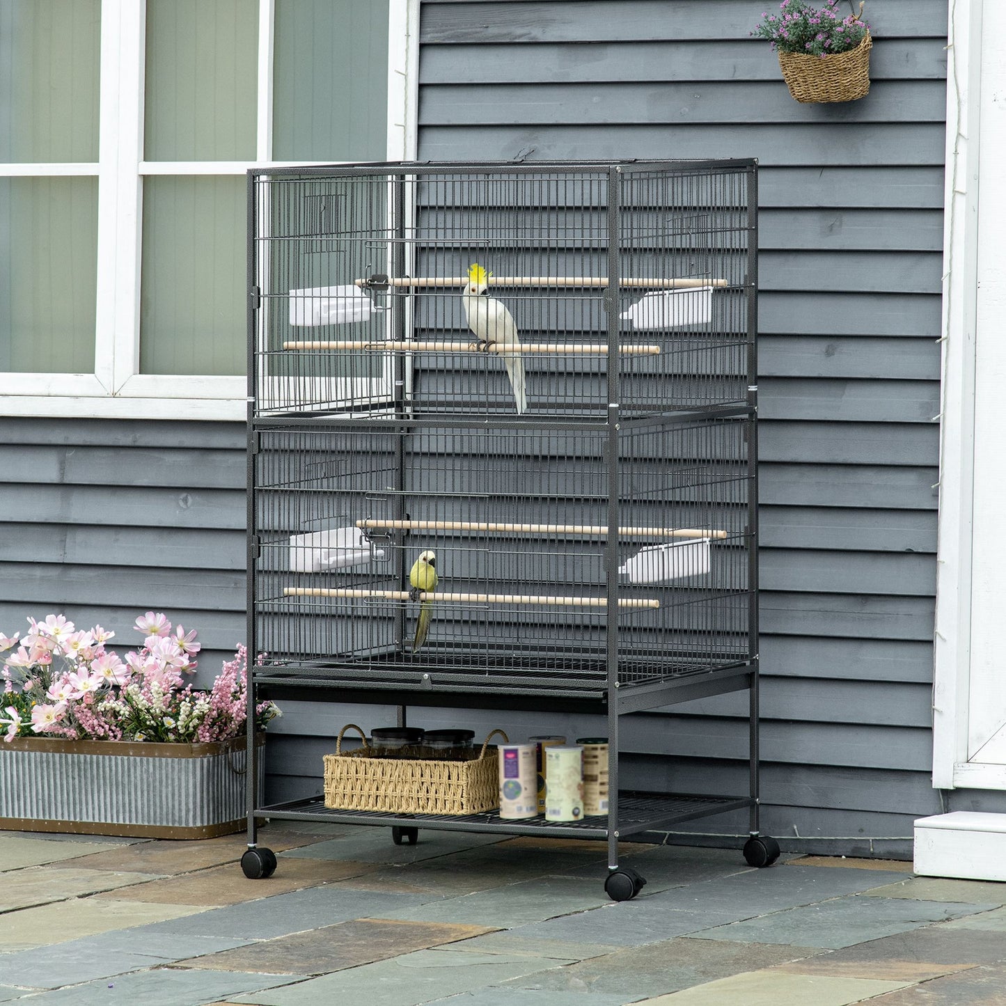 Pawhut Jaula Para Pájaros Con Ruedas 78x52x132 Cm Con Bandeja Extraíble Puertas_1