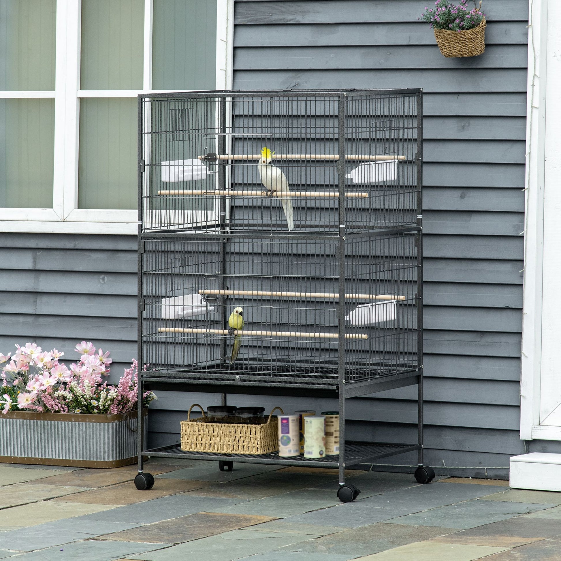 Pawhut Jaula Para Pájaros Con Ruedas 78x52x132 Cm Con Bandeja Extraíble Puertas_1
