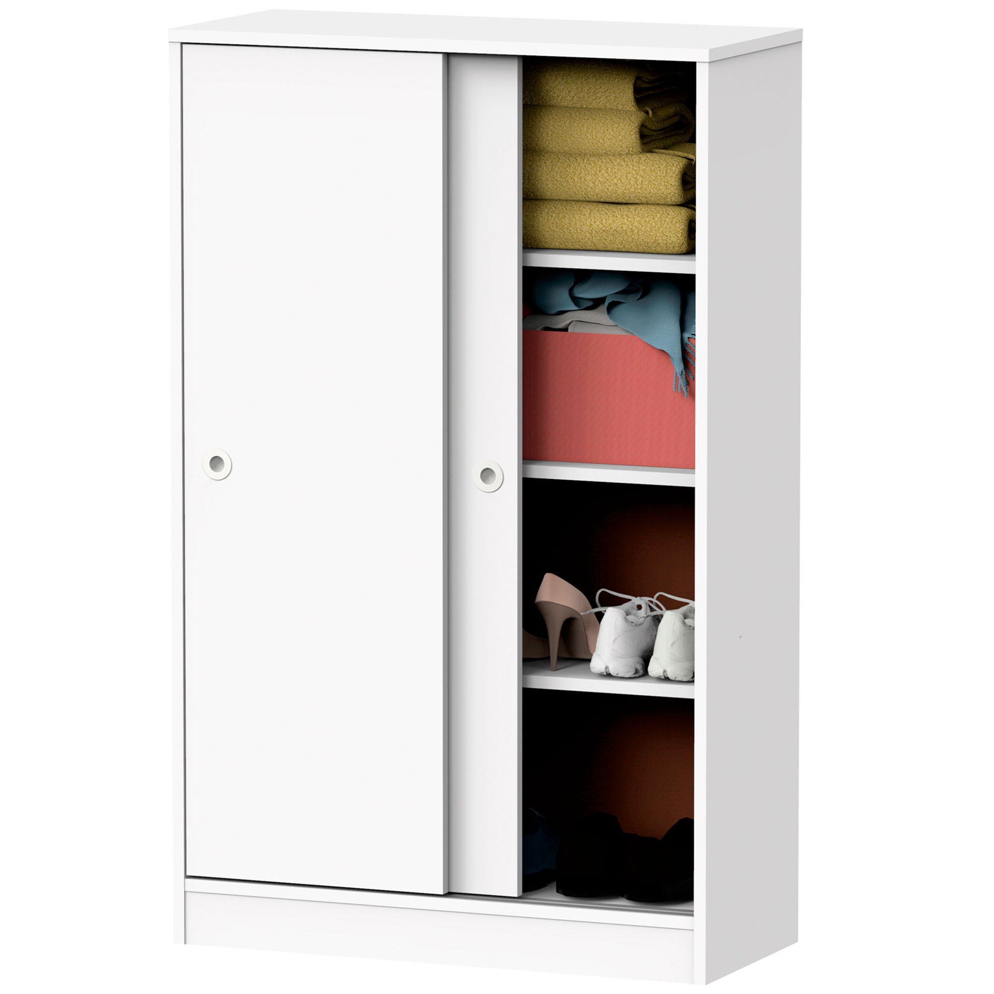 Armario Dormitorio, Multiusos, Baño, Mueble Cocina, Zapatero 2 Puertas Correderas 120x74x33 Cm, Briebe, Nova, Blanco