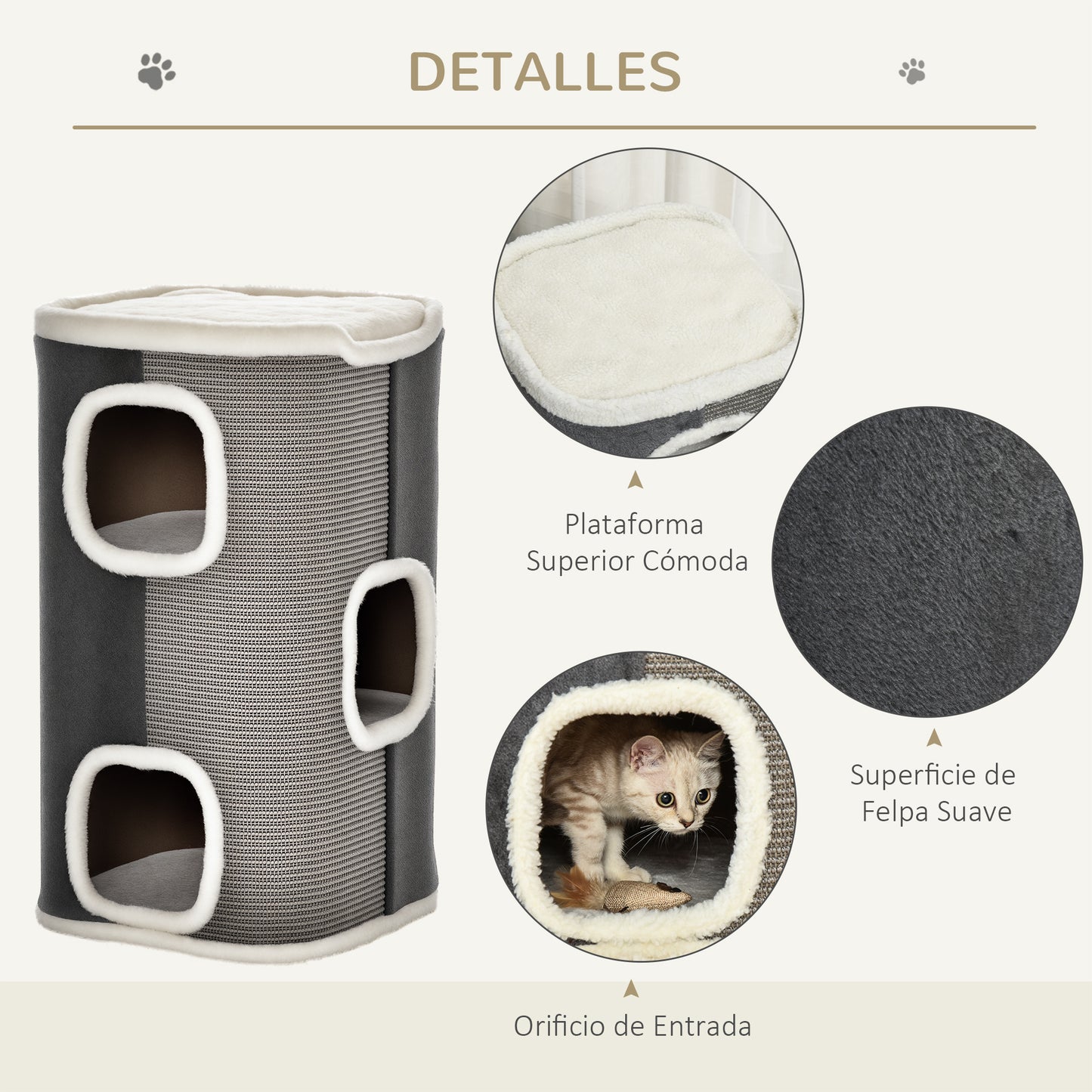 Pawhut Barril Rascador Para Gatos De 2 Niveles Con Cuevas De Sisal Felpa Suave Y Plataforma De Vellón 40x40x49 Cm Gris_4