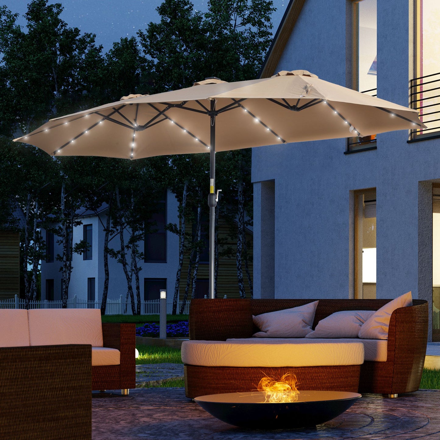 Outsunny Sombrilla Doble De Jardín Con 48 Luces Led Solar 450x265x240 Cm Caqui_1