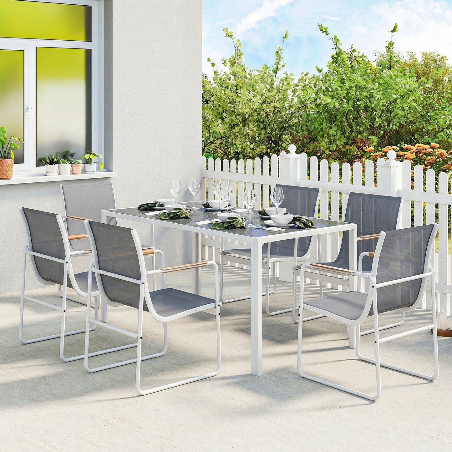 Outsunny Conjunto De Mesa Y Sillas Jardín De 7 Piezas Con Sillas Transpirables_1