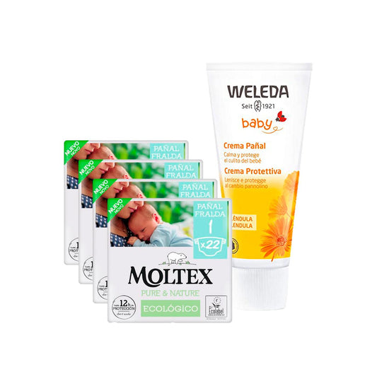 PACK ESPECIAL Crema de Pañal de Caléndula Weleda 75ml + Pack ahorro Pañales T1 (2-5kg) Moltex Pure & Nature 88 Uds