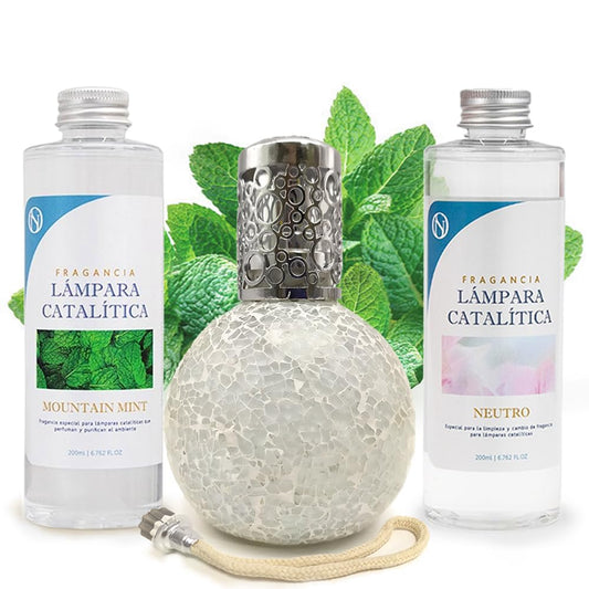 Pack Ahorro Lámpara Catalítica Mosaico Blanco + Fragancia Mountain Mint 200ml + Limpiador Neutro 200ml + Mecha Repuesto_0