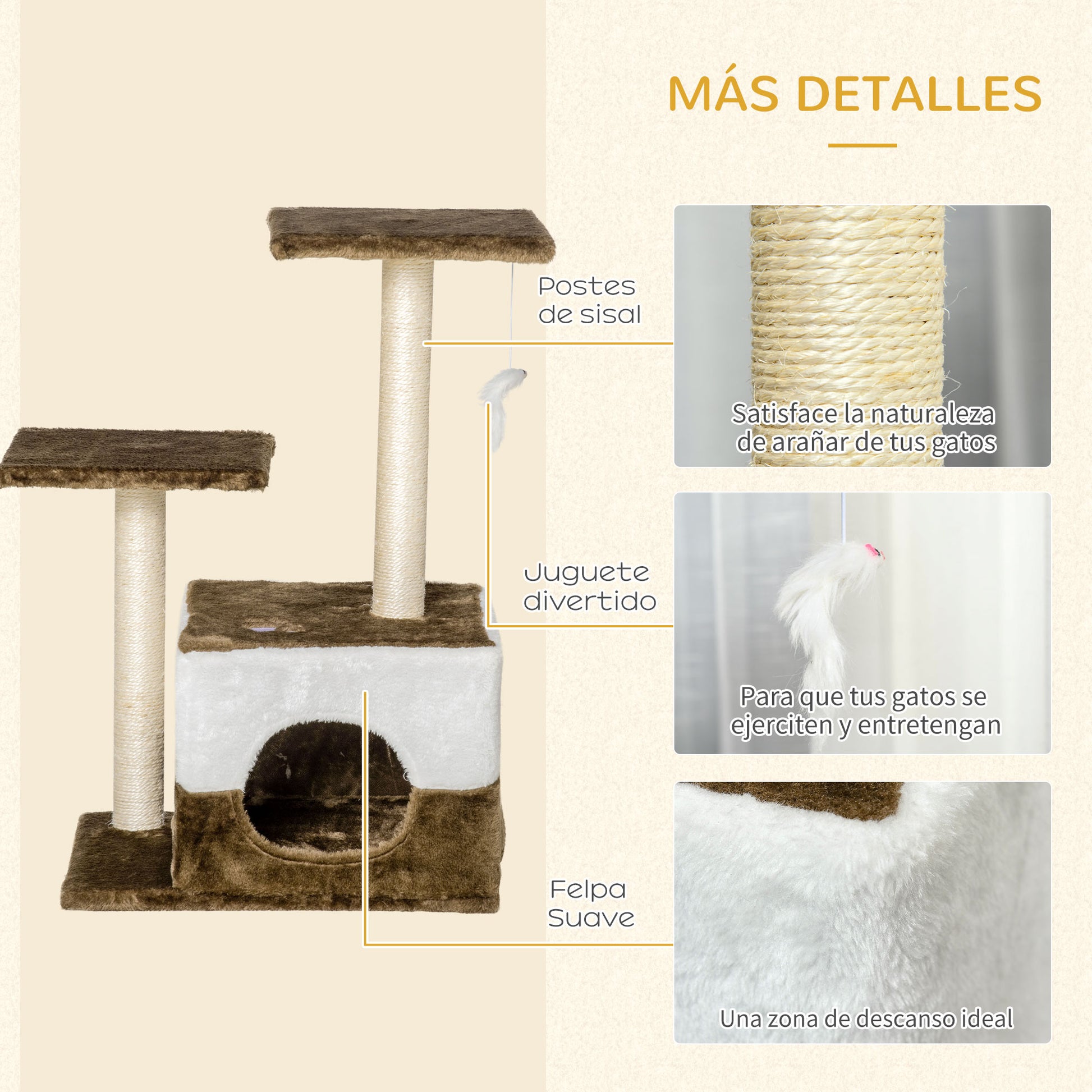 Pawhut Árbol Rascador Gatos 70 Cm Con Cueva 2 Plataformas Postes De Sisal Marrón_5