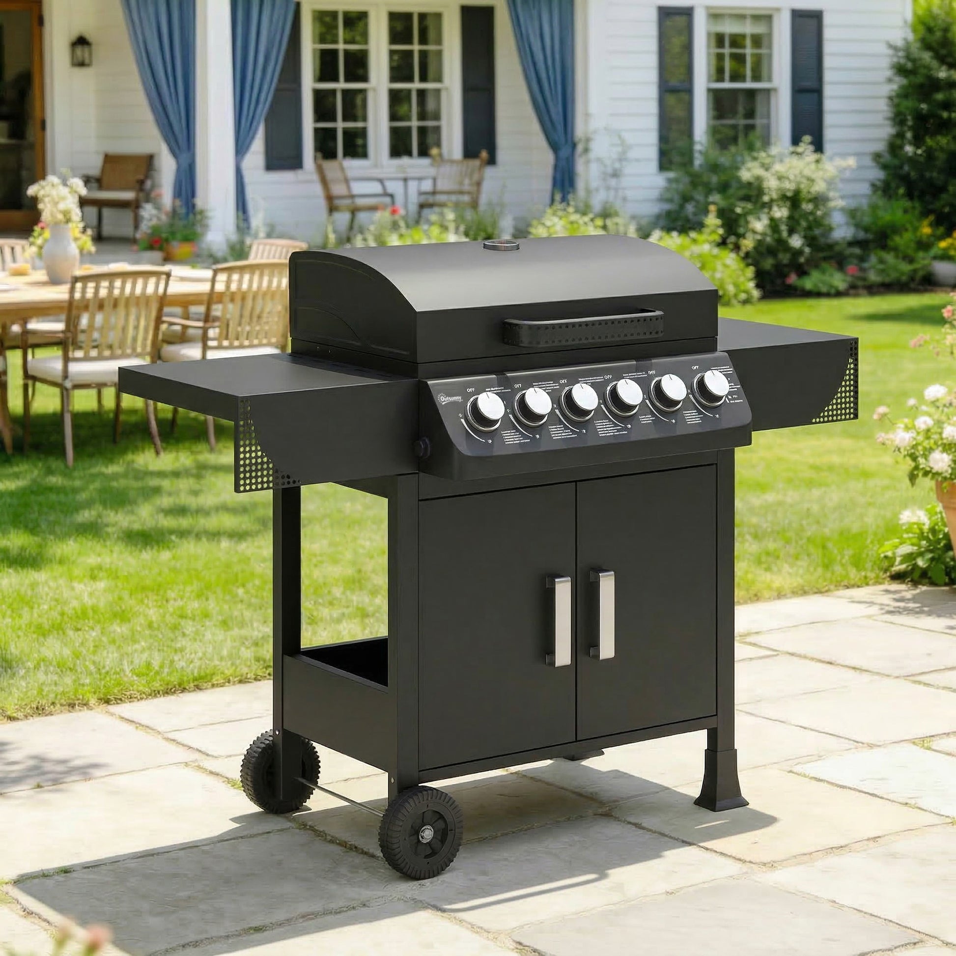Outsunny Barbacoa De Gas Con 6 Quemadores 15 Kw Termómetro Y Mesas Laterales_1