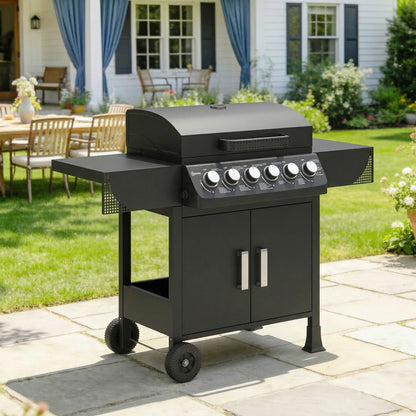 Outsunny Barbacoa De Gas Con 6 Quemadores 15 Kw Termómetro Y Mesas Laterales_1
