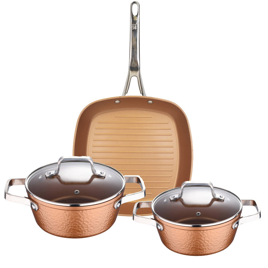 Batería De Cocina Sartén Grill 28x28 Cm; Cacerolas Con Tapa De Vidrio De Ø20 Y Ø24 Cms, Aluminio Forjado, Inducción_0
