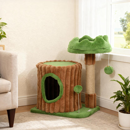 Pawhut Árbol Rascador Para Gatos 53 Cm Casita Cama Poste Bolas Marrón Y Verde_1