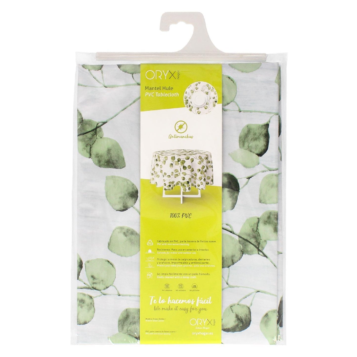 Mantel Hule Redondo Hojas Verdes Impermeable Antimanchas Pvc Ø140 Cm. Uso Interior Y Exterior