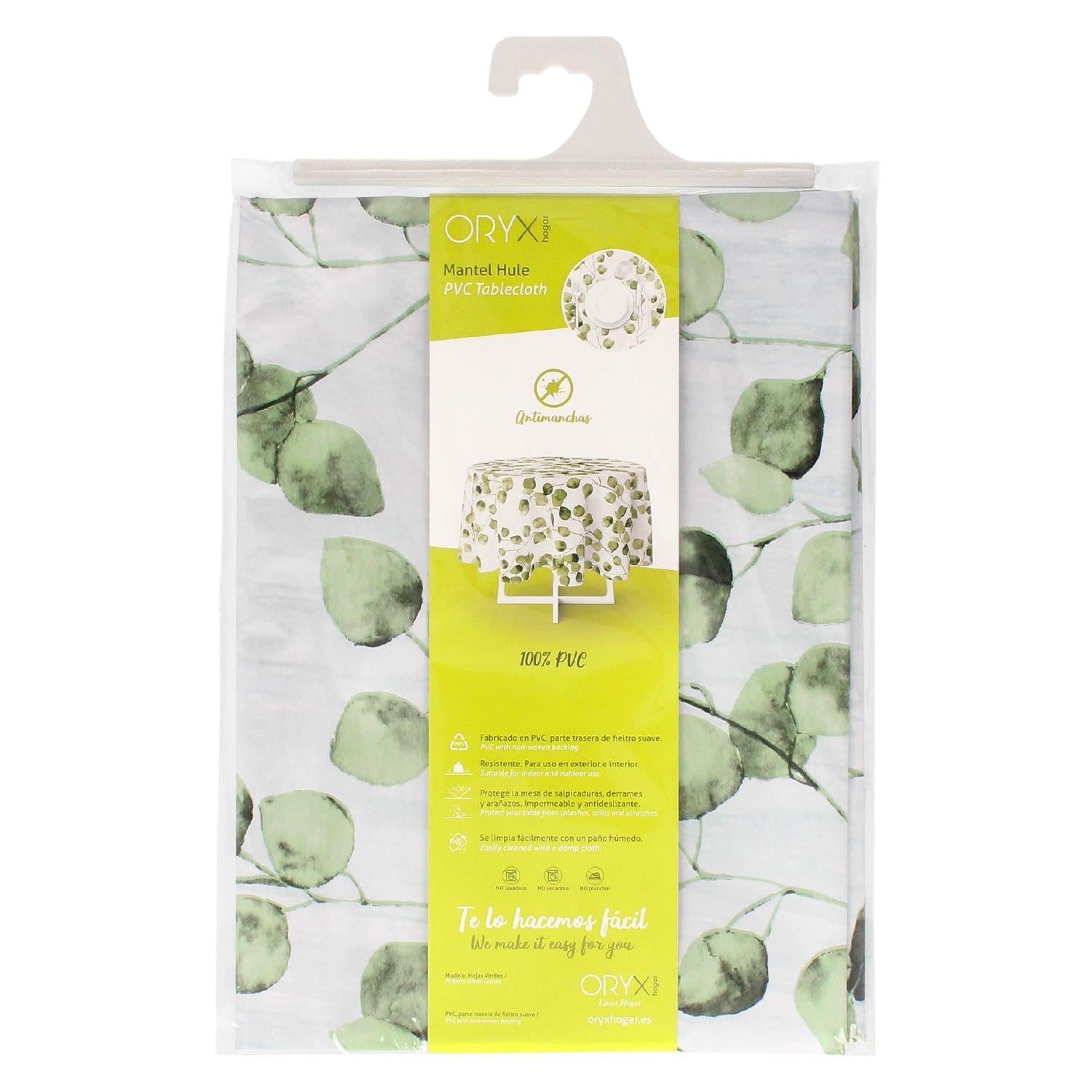 Mantel Hule Redondo Hojas Verdes Impermeable Antimanchas Pvc Ø140 Cm. Uso Interior Y Exterior