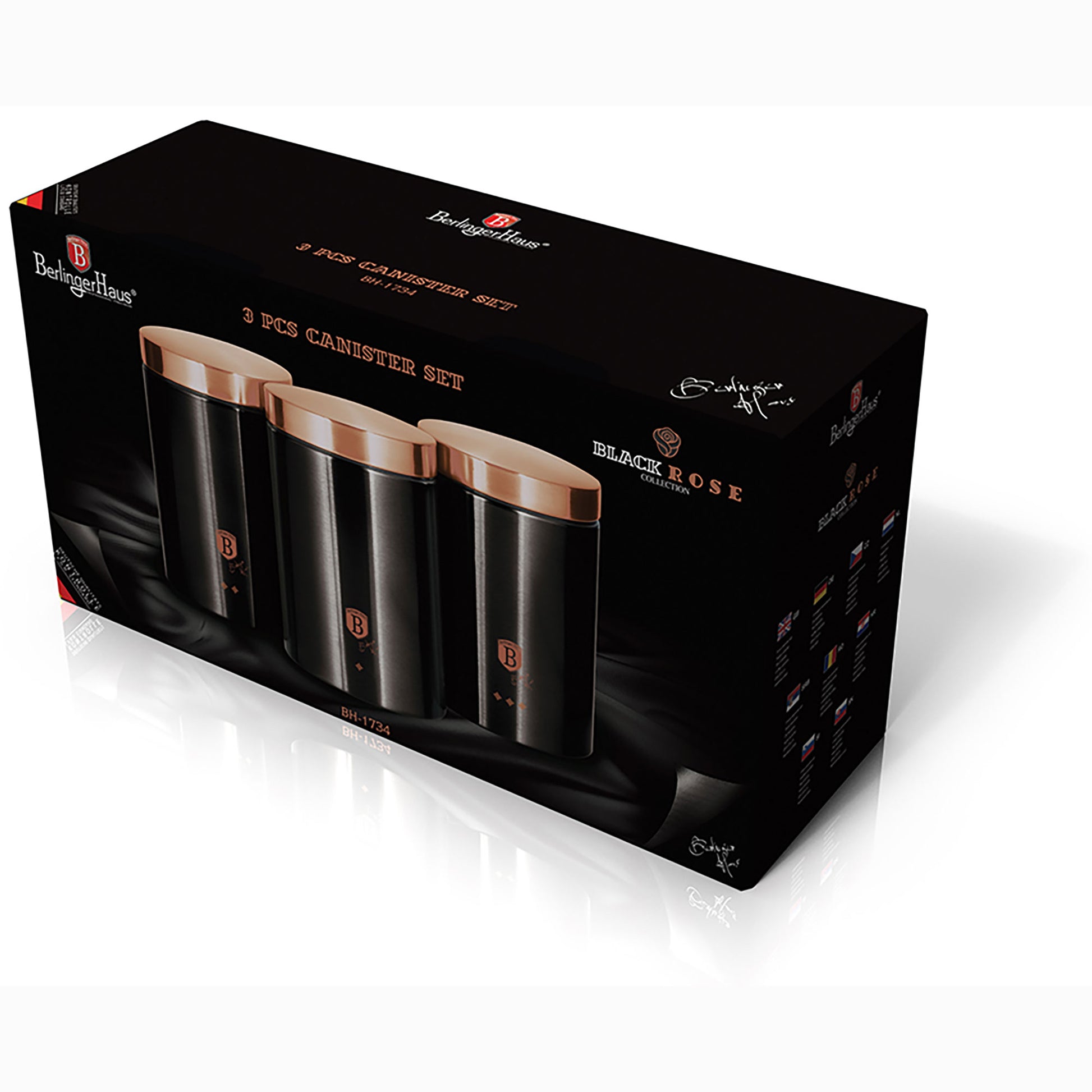 Set 3 Botes Cocina Almacenaje Acero Inoxidable, Diseño Moderno, Ø11x17,8cm Especias, Té ,café Berlinger Haus Black Rose, Oro Rosado/negro