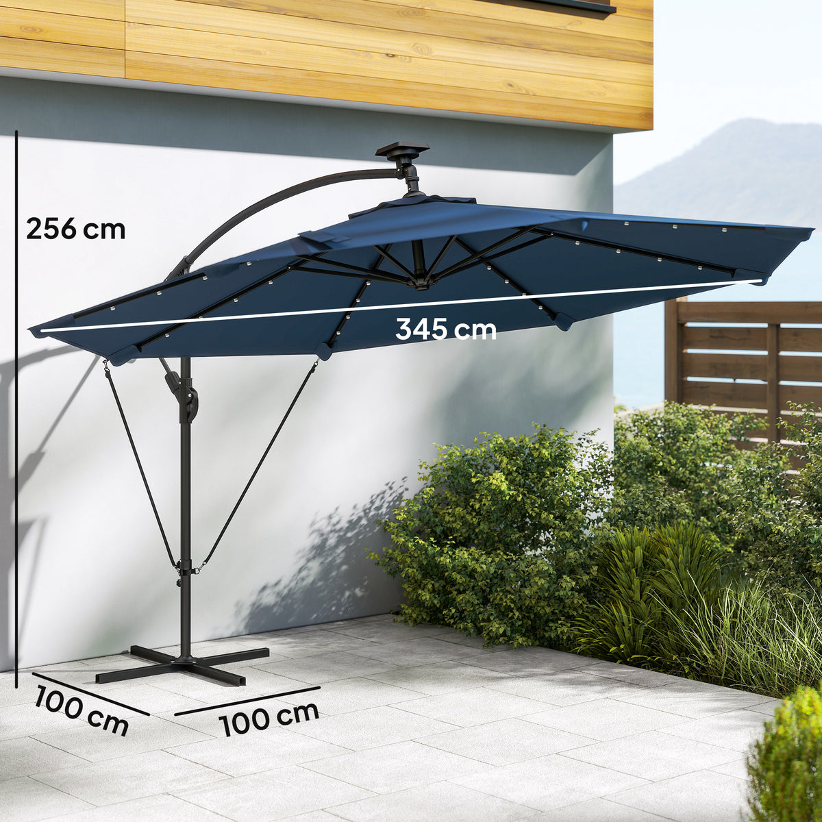 Outsunny Parasol Excéntrico De Aluminio Con Luces Led Base Cruzada Ø345 Cm Azul_2
