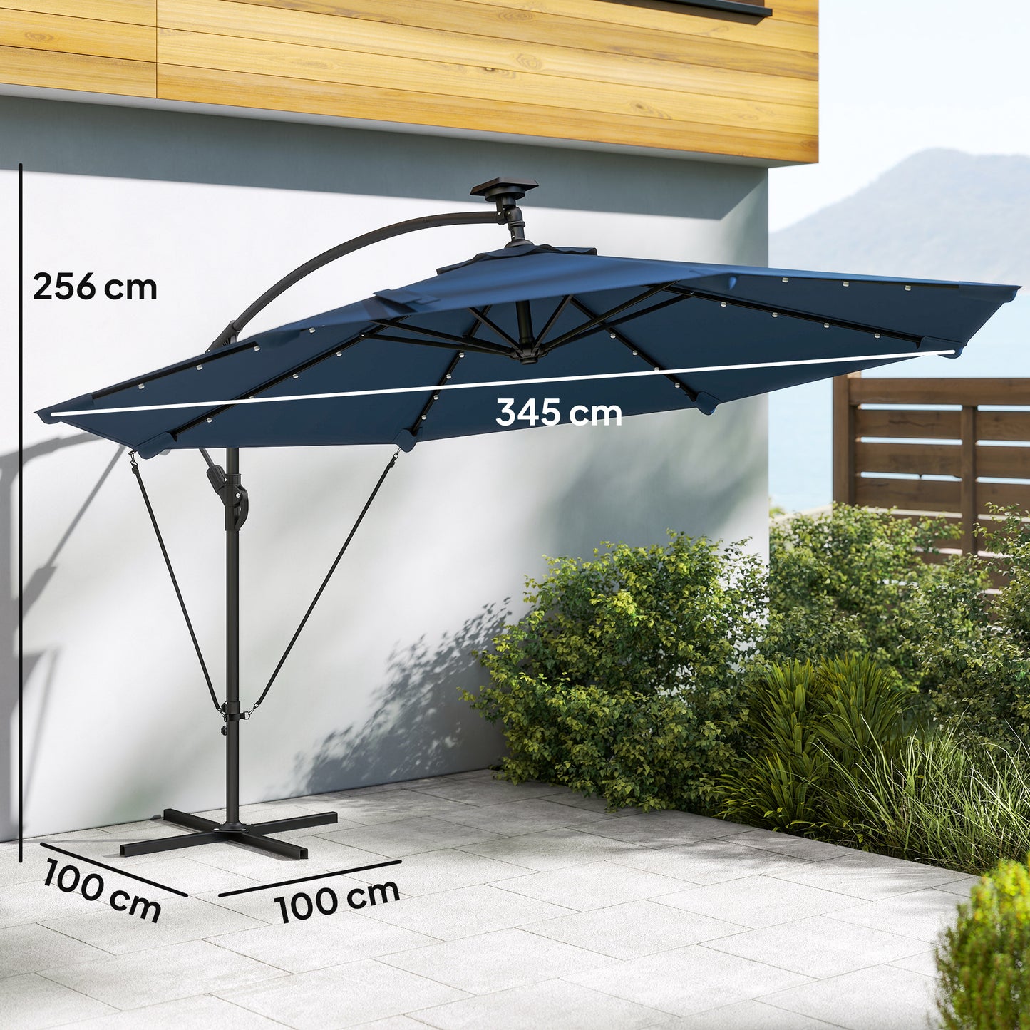 Outsunny Parasol Excéntrico De Aluminio Con Luces Led Base Cruzada Ø345 Cm Azul_2