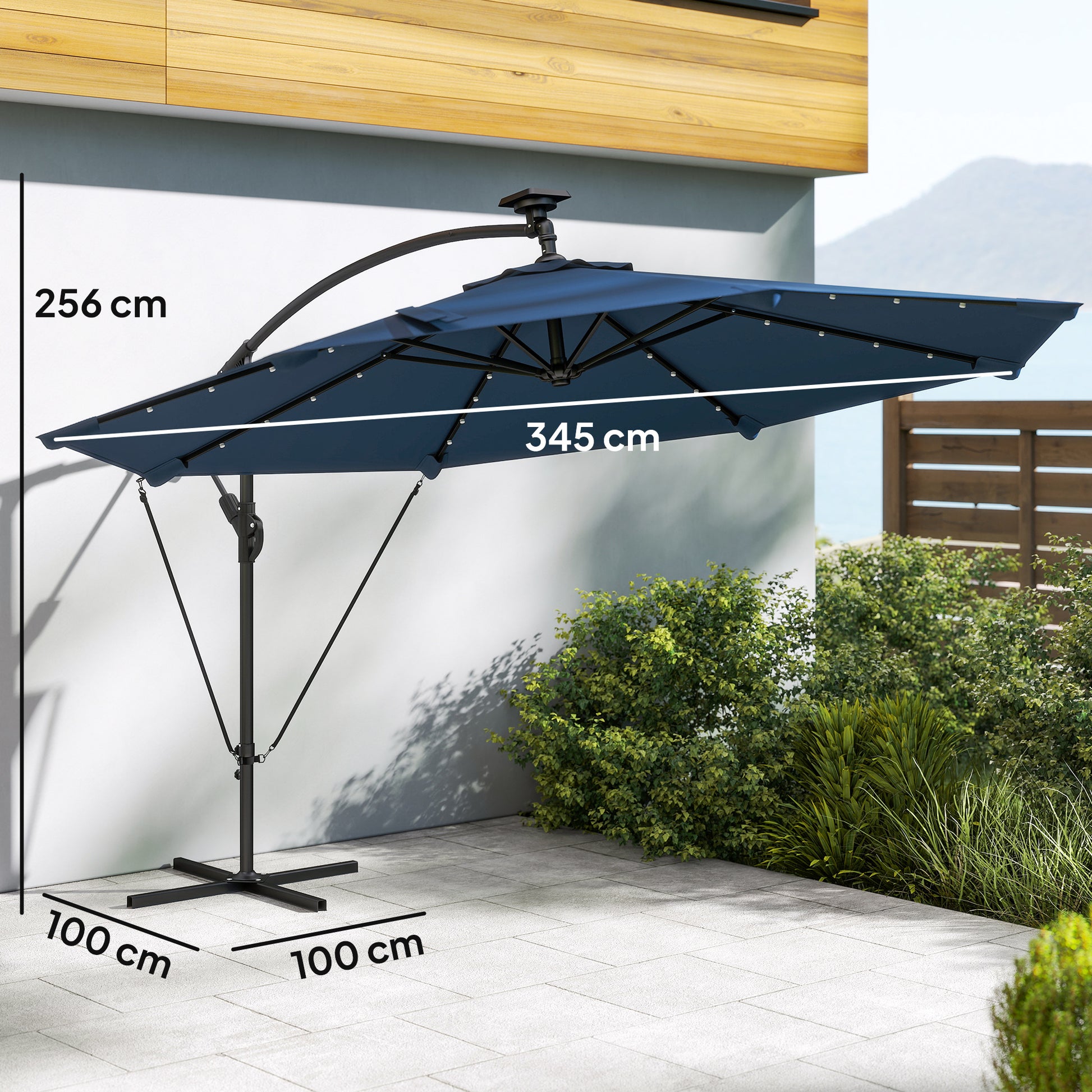 Outsunny Parasol Excéntrico De Aluminio Con Luces Led Base Cruzada Ø345 Cm Azul_2