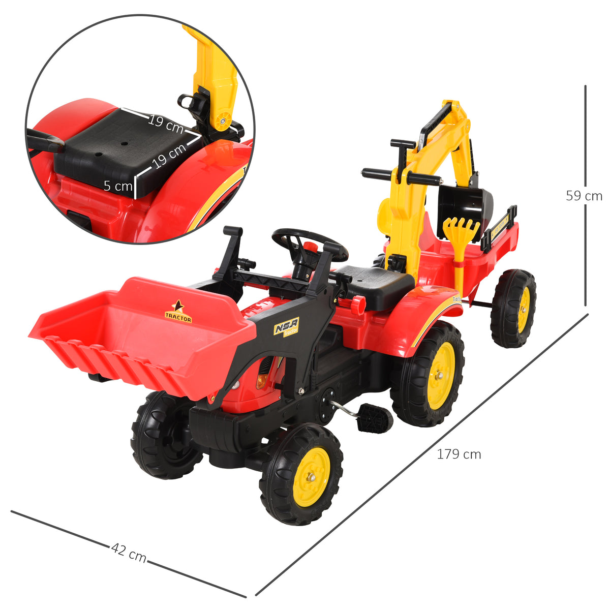 Tractor A Pedales Homcom Metal, Plástico Rojo 179x42x59 Cm_2