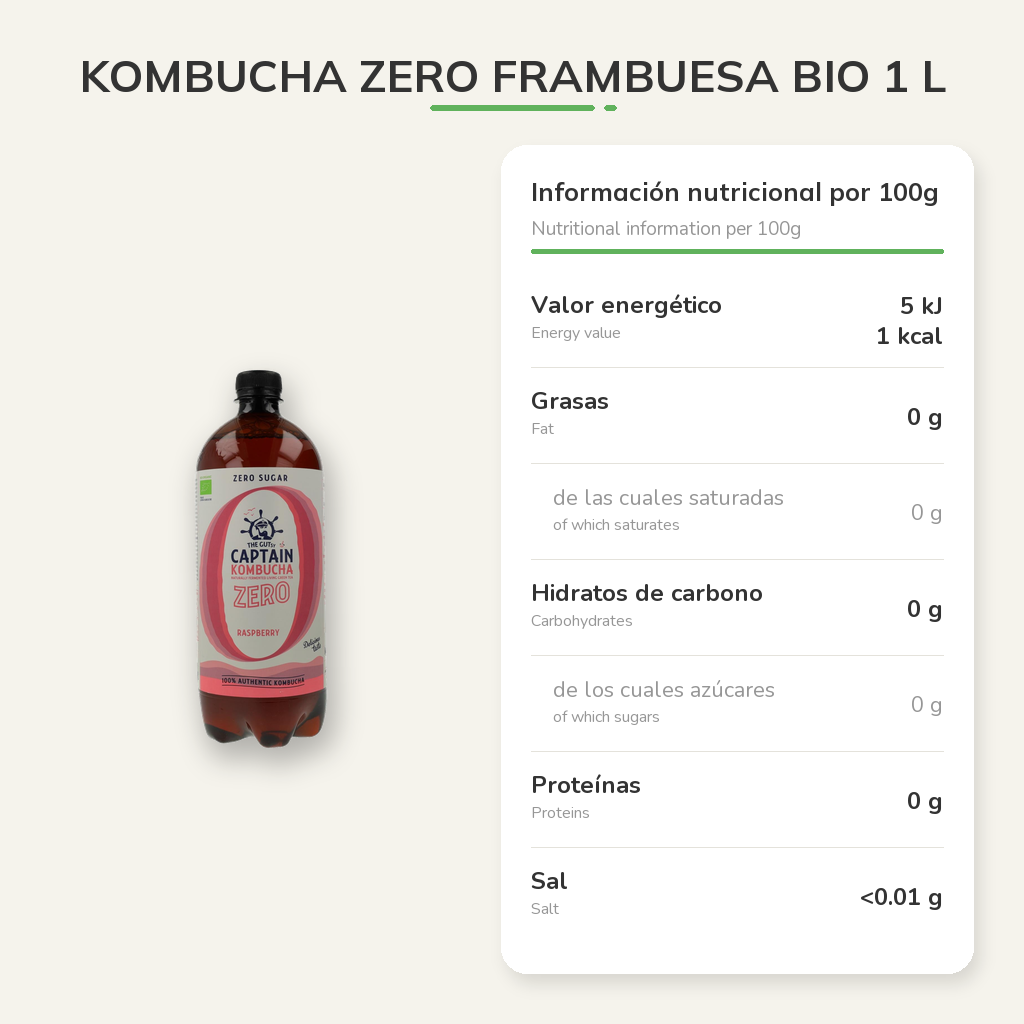 Kombucha Zero Frambuesa Bio 1 L en Planeta Huerto