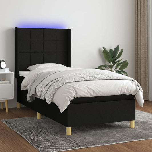 Cama Box Spring Colchón Y Luces Led Tela Negro 100x200 Cm / Vetonek_0