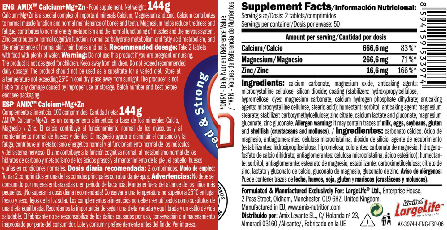 Calcio + Magnesio + Zinc - 100 Tabletas - Minerales - Amix Nutrition_5