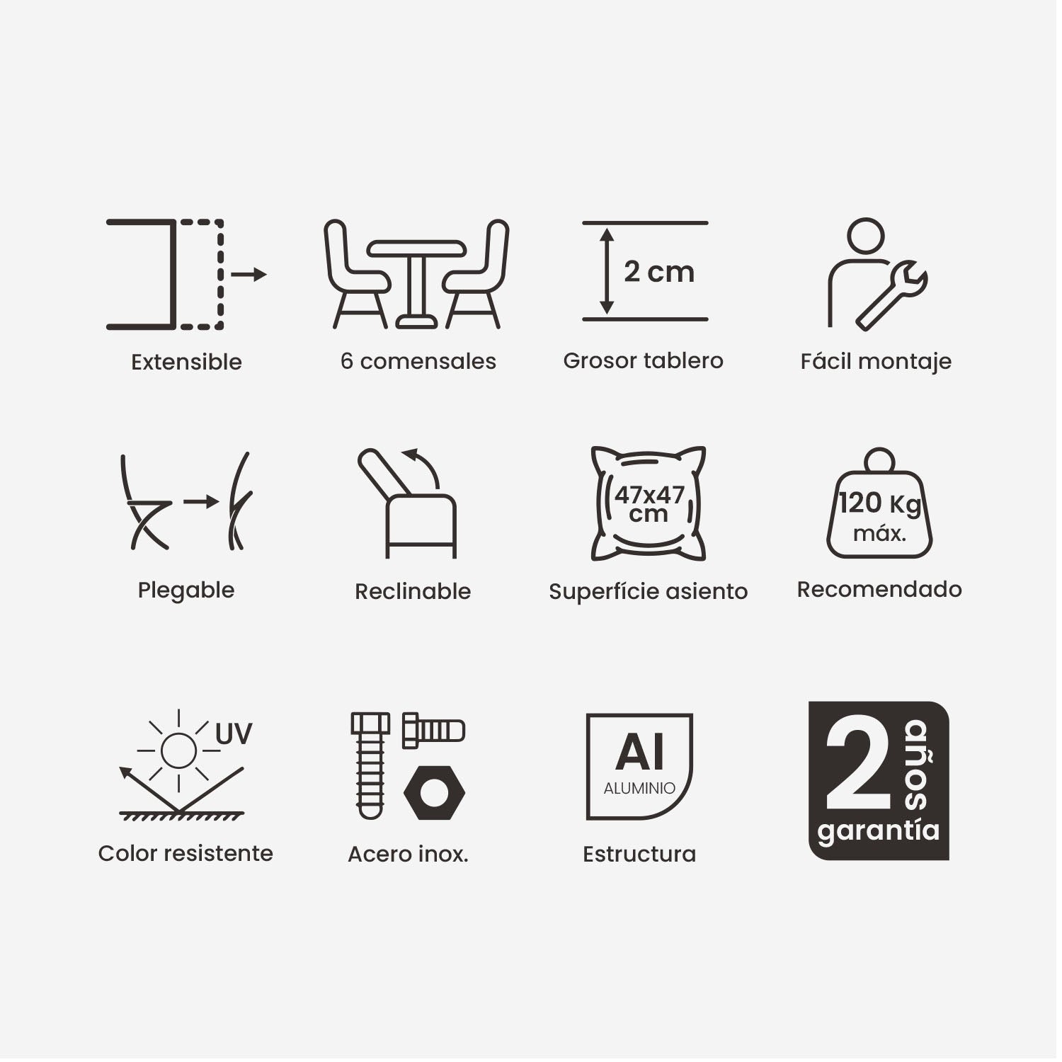 Conjunto Para Jardín De Mesa Extensible 170-240 Y 6 Sillones Reclinables Y Plegables Color Blanco_1
