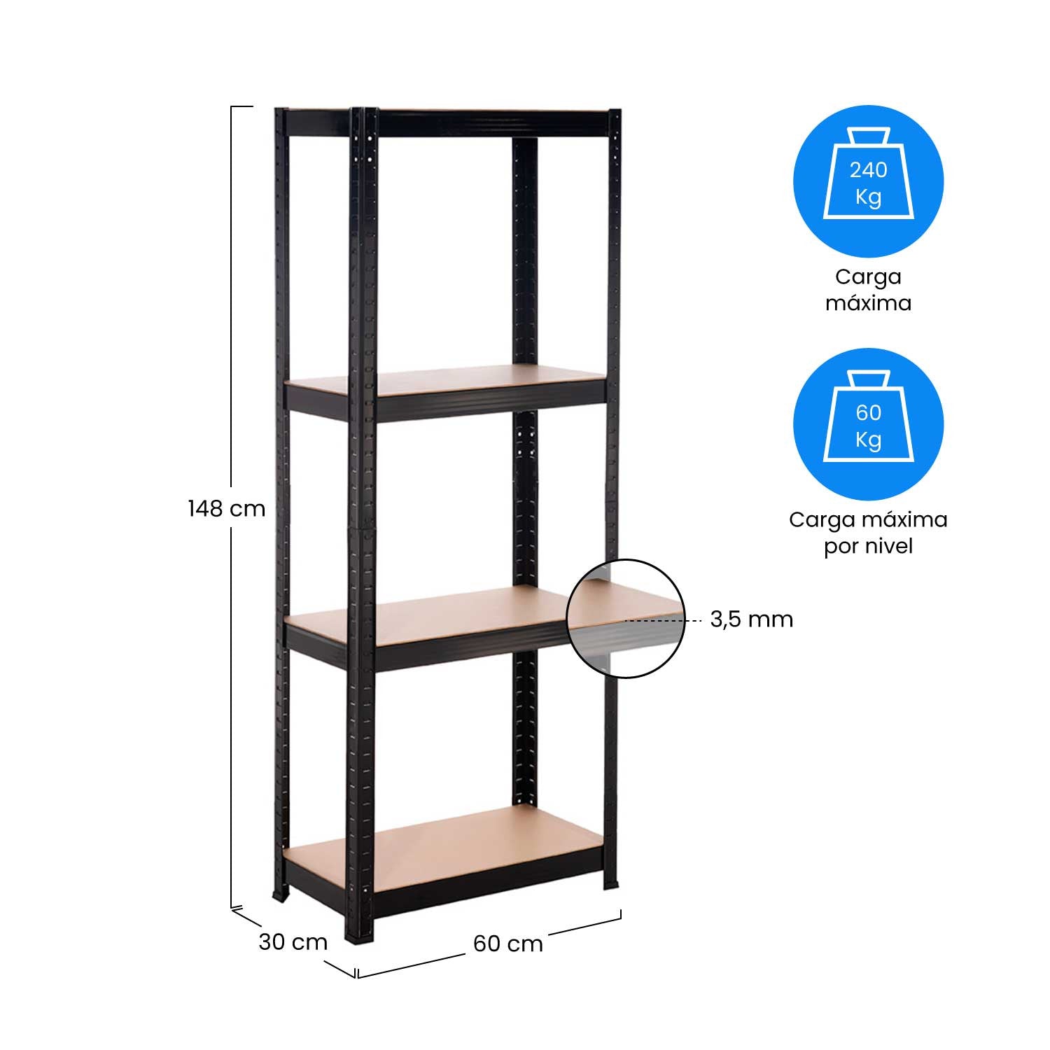 Pack 2 Estanterías Metálicas Con 4 Baldas Ajustables 148x60x30cm 240kg O91_4