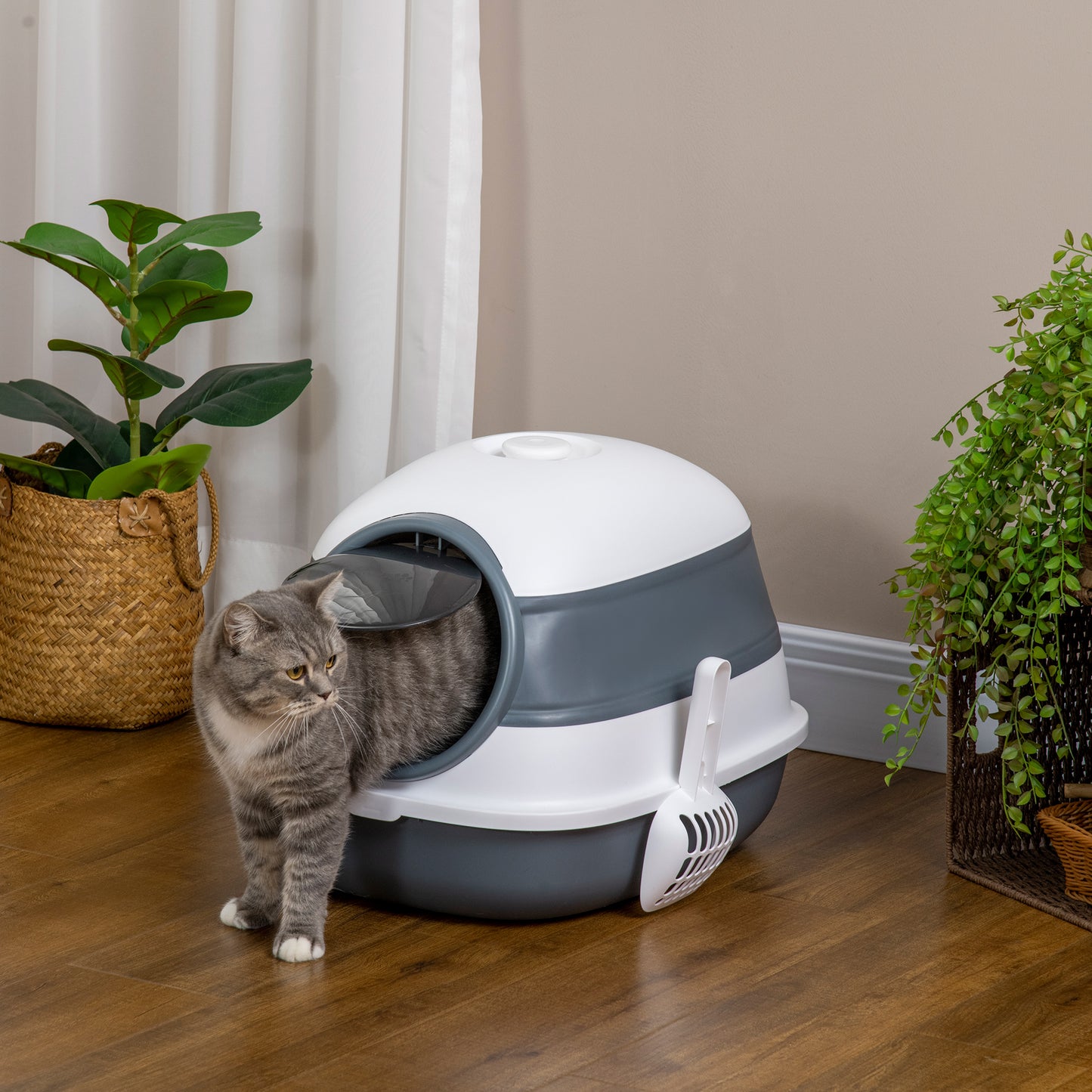 Pawhut Arenero Para Gatos Cubierto Plegable Con Pala 52x41x38 Cm Blanco Y Gris_1