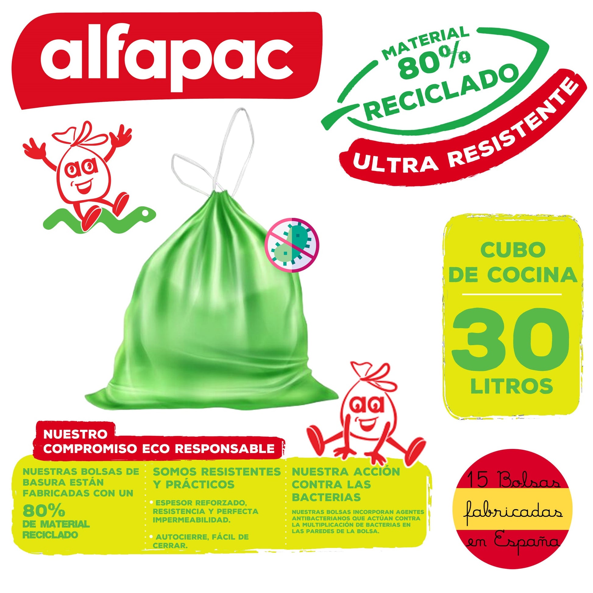 80% Reciclado 8 Rollos De 15 Bolsas De Basura 'antibacterias' 30l Con Autocierre_1