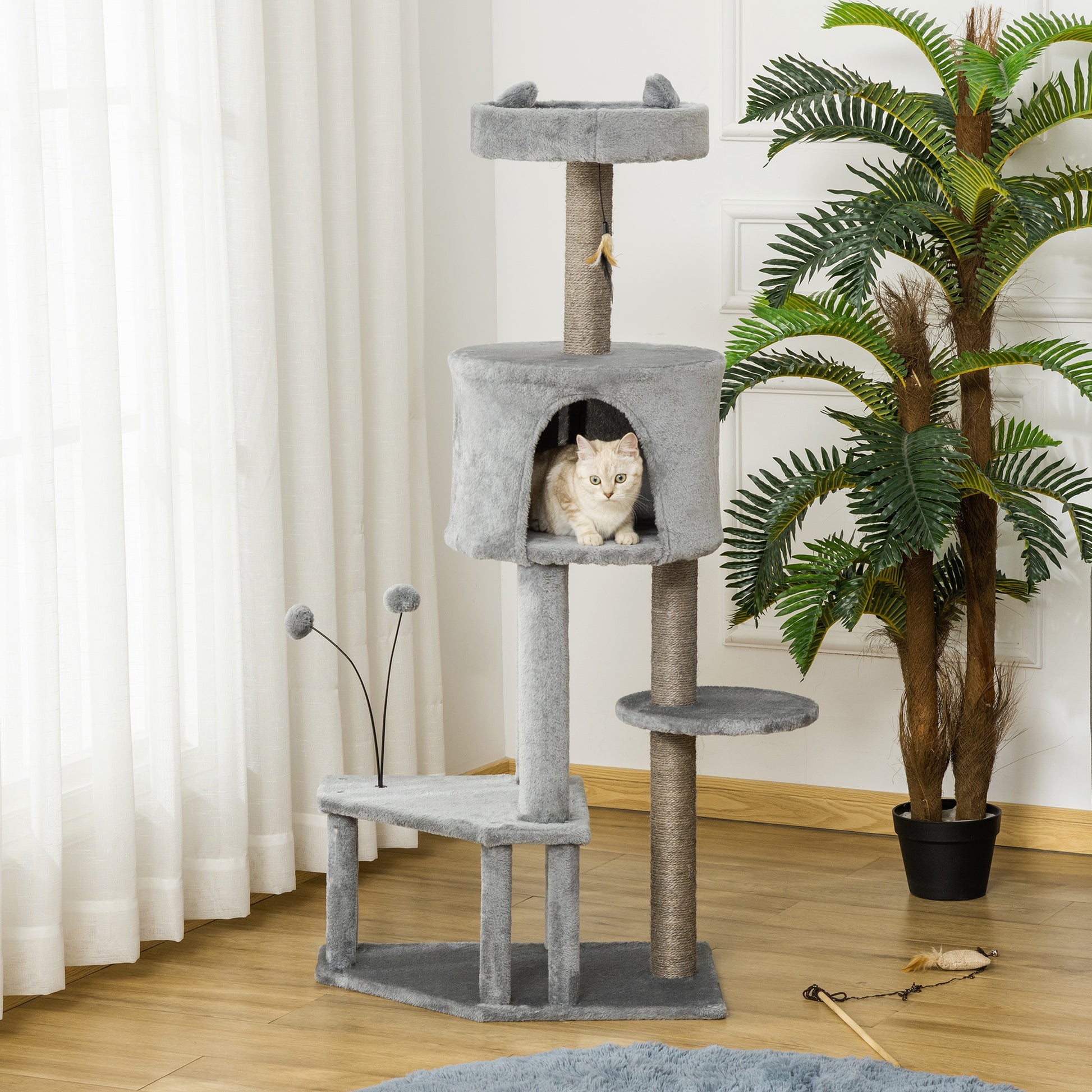 Pawhut Árbol Rascador Para Gatos 60x40x133cm Con Nido Cueva De Fieltro Extraíble_1