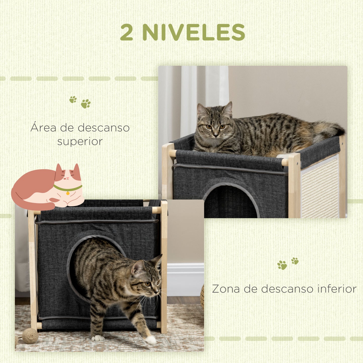 Pawhut Cama Cueva Para Gatos De Madera Con Cojín Extraíble 40x40x40,5 Cm Gris_5