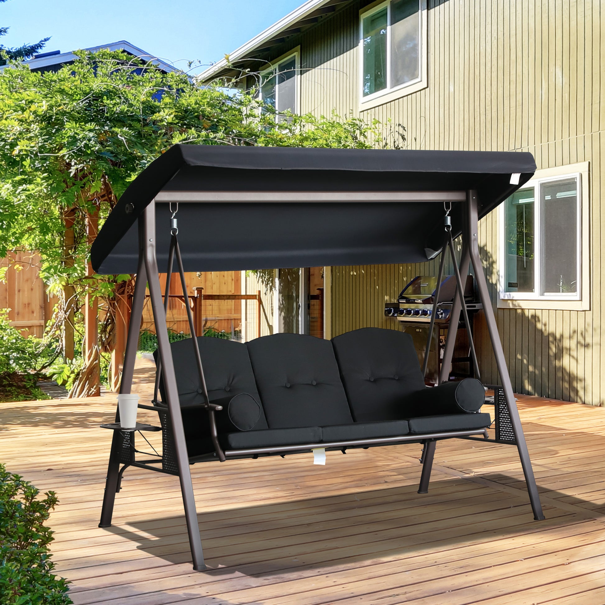 Outsunny Columpio De Jardín Exterior De 3 Plazas Con Toldo Ajustable Negro_1