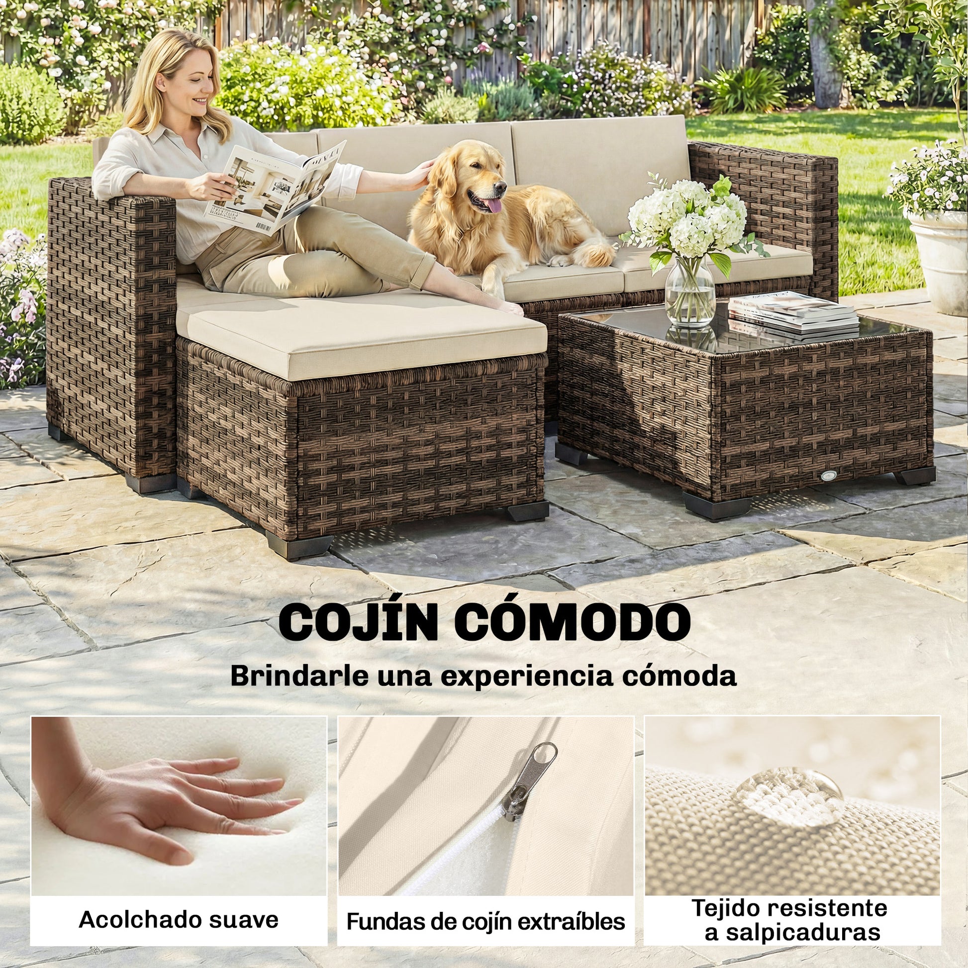 Outsunny Conjunto Muebles Jardín Exterior De Ratán 5 Piezas Cojines Caqui_5