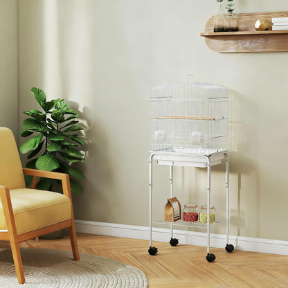 Pawhut Jaula Para Pájaros Con Ruedas Estante Comederos 46,5x36x124 Cm Blanco_1