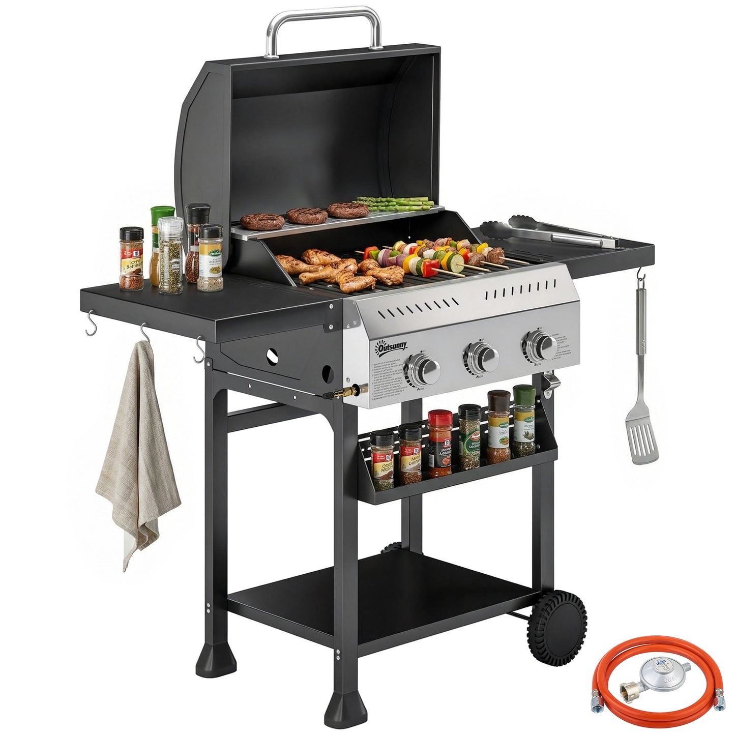 Outsunny Barbacoa De Gas Con 3 Quemadores 9 Kw Termómetro Mesas Laterales Negro_0