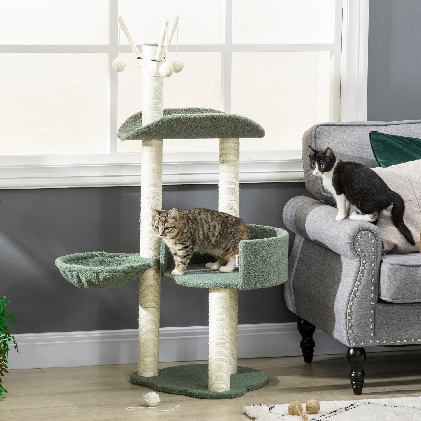 Pawhut Árbol Rascador Para Gatos Con Hamaca Postes De Sisal Bolas 44x43x123 Cm_1